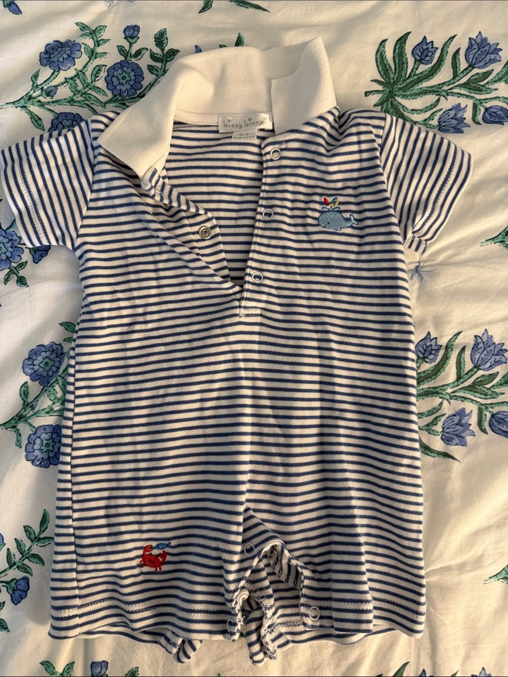 Kissy Kissy Navy & White Striped Polo Romper with Whale and Crab